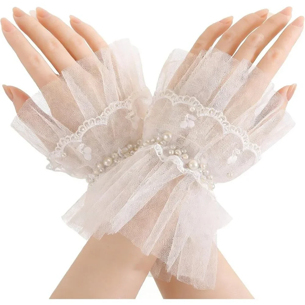 Women's Fingerless Off-White Pearl Tulle Short Lace Gloves Wedding Party Prom